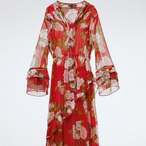 NEW SZ small ZARA 2022 RED LONG MIDI DRESS RUFFLED FLORAL PRINT
